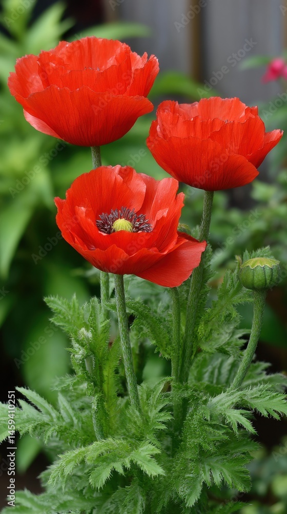 Bright red poppies bloom with buds in a lush garden setting, showcasing vibrant colors and delicate floral structures. Bright red poppies bloom with buds in a lush garden setting, showcasing vibrant colors and delicate floral structures.