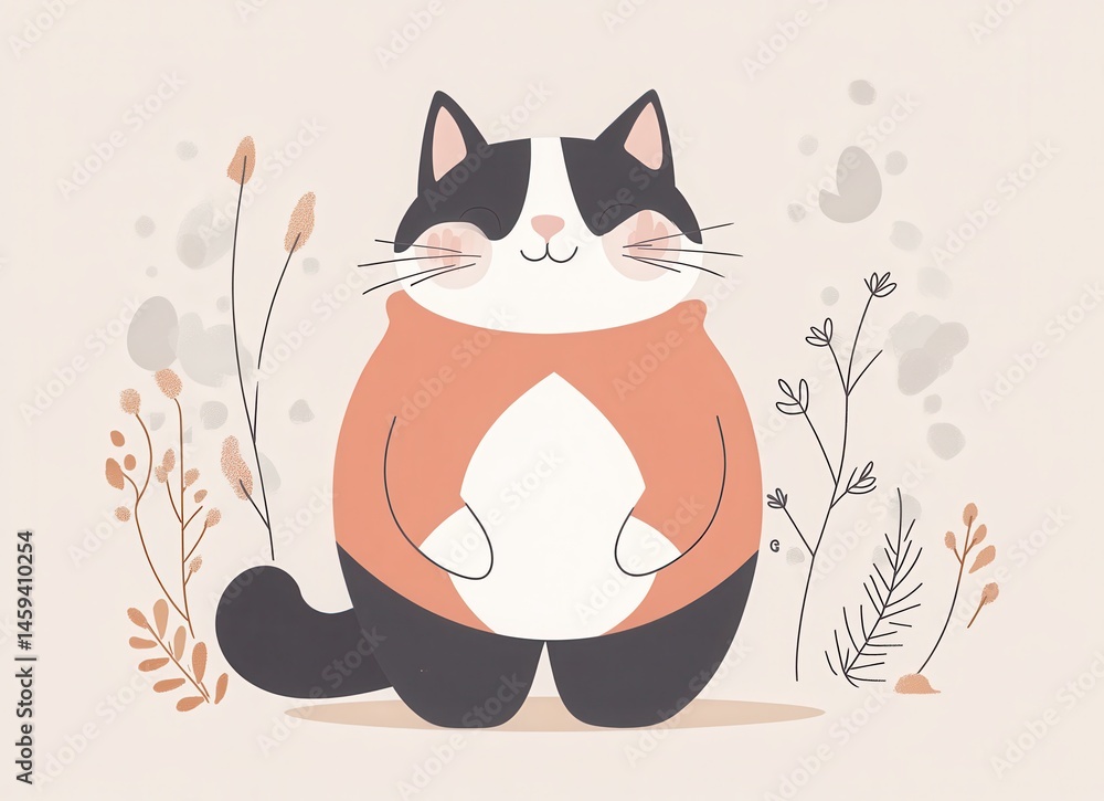 Obraz premium Cute chubby cat in pastel sportswear, flat vector illustration on beige background