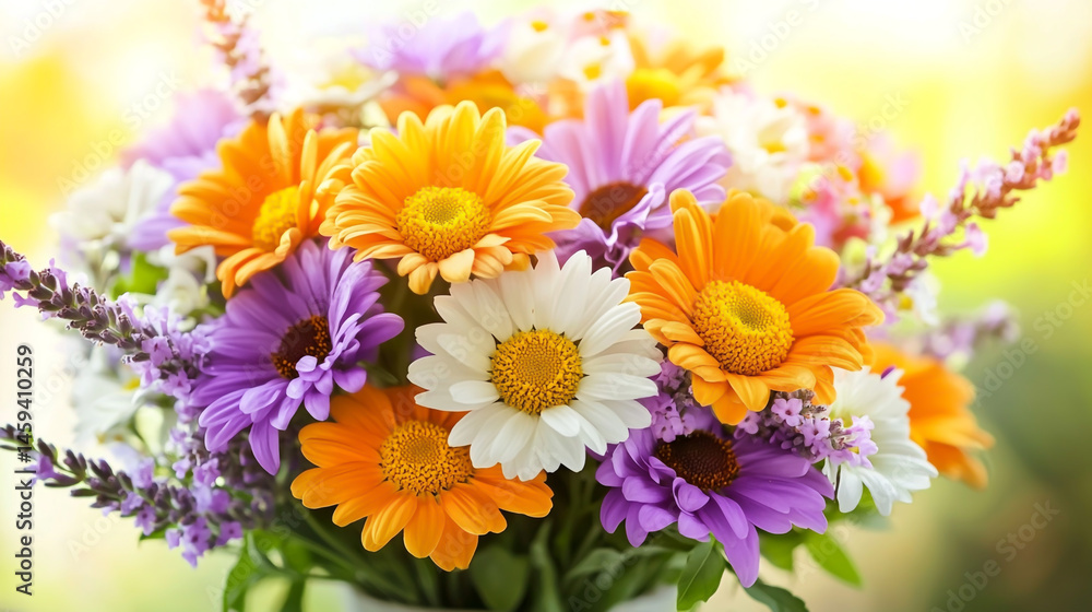 A beautiful bouquet of wildflowers in the sunlight, with purple and orange daisies, yellow chrysanthemums, and white lavender flowers. A beautiful bouquet of wildflowers in the sunlight, with purple and orange daisies, yellow chrysanthemums, and white lavender flowers.