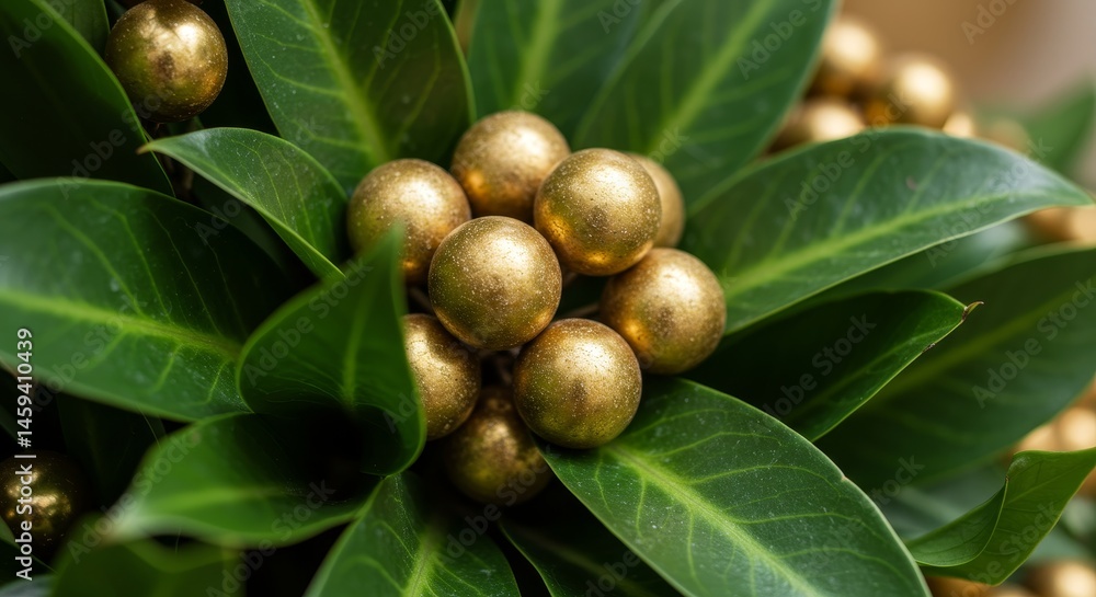 Obraz premium Golden Berries on Lush Green Leaves - Close-up of gold-painted berries nestled amongst vibrant green leaves, creating a luxurious and natural contrast