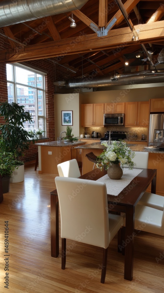 Spacious modern apartment featuring open-plan kitchen and dining area with exposed brick and industrial ceiling. Spacious modern apartment featuring open-plan kitchen and dining area with exposed brick and industrial ceiling.