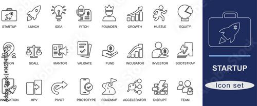 
Startup icon set. Modern line art startup icons covering innovation, launch, pitch, funding, growth, and success. Perfect for UI, apps, websites, and digital branding.