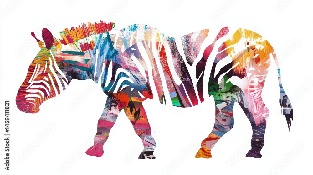 Fototapeta premium A colorful zebra silhouette with striking abstract brushstrokes, perfect for t-shirt designs.
