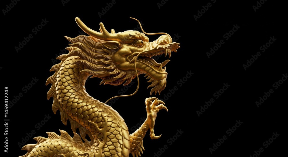 Fototapeta premium Golden Dragon Statue Decorative Art - A majestic golden dragon, symbolising power, prosperity, good luck, strength, and wisdom. Its intricate details are beautifully against a black background