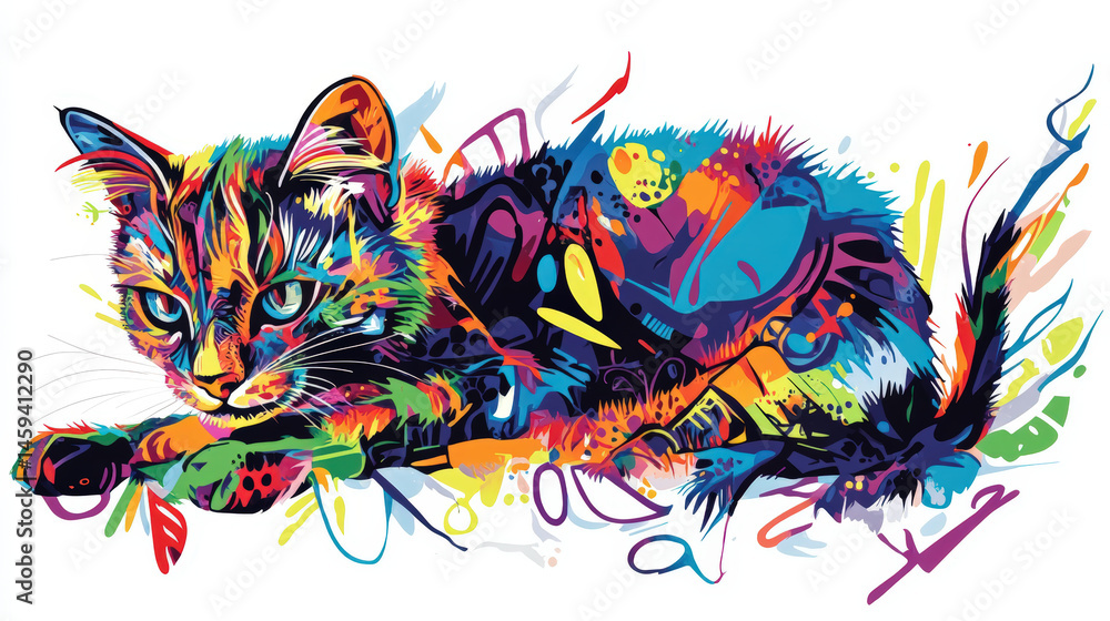 Obraz premium A beautiful and colorful illustration of a lying cat, perfect for t-shirt designs. This eye-catching artwork is perfect for t-shirt designs or posters, offering a bold visual appeal.