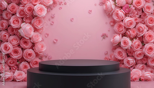 Blank podium with pink roses on pink background. Showcase for product, perfume, jewelry and cosmetic presentation, black podium