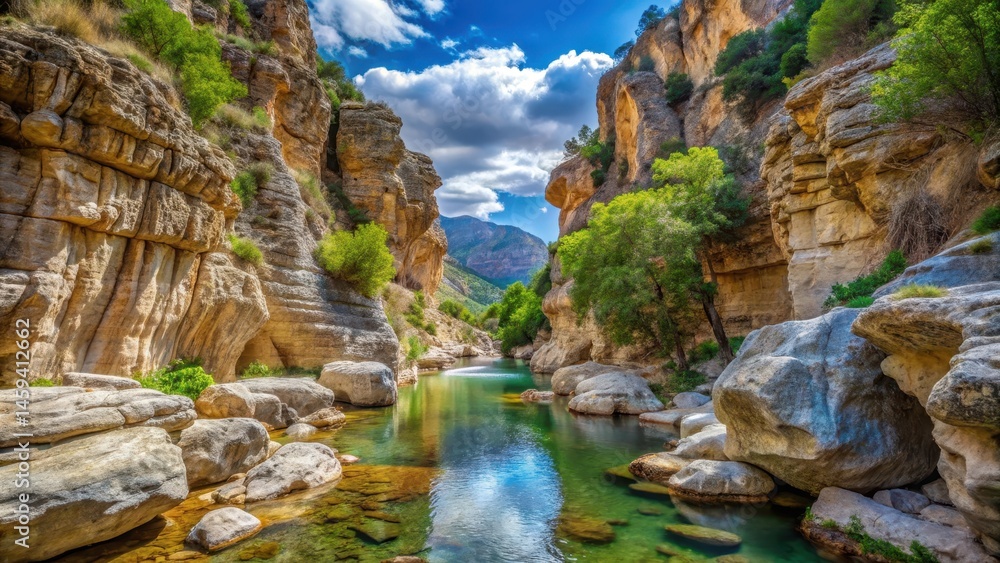 Obraz premium Scenic view of rock formation in canyon with small creek at Madonie Natural Park in Isnello, natural park