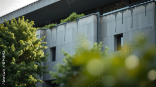 modern brutalism building with lush greenery, created by generative ai