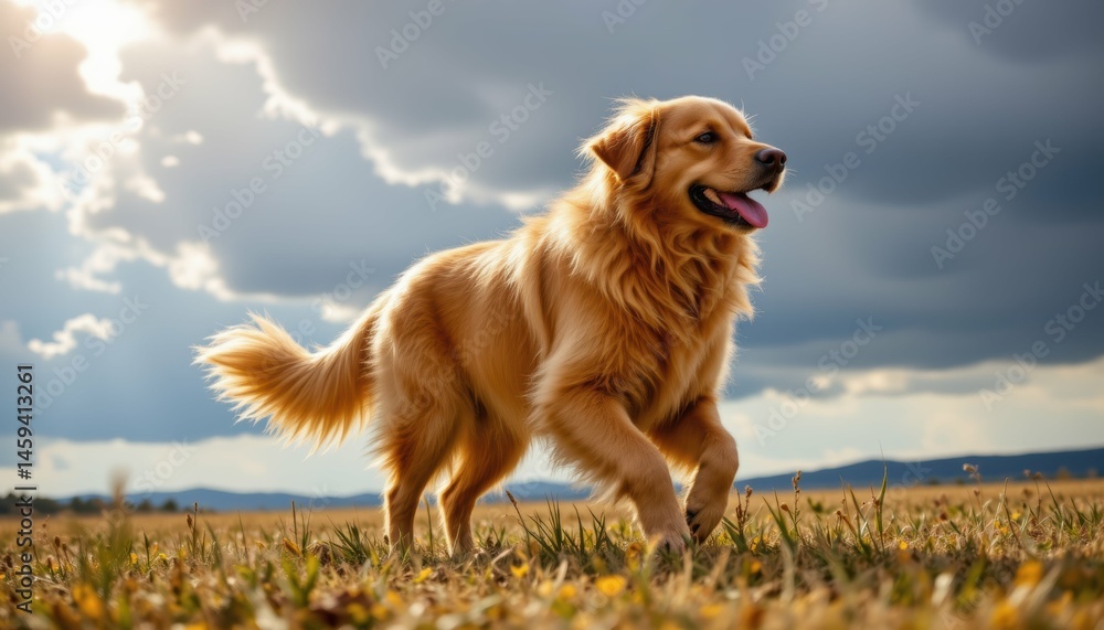 Obraz premium Energetic golden retriever playing in a beautiful meadow under dramatic clouds nature photography outdoor scene