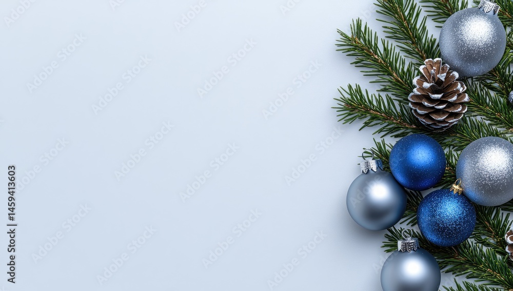 Festive Christmas decorations arranged on a light gray background, featuring silver and blue ornaments and pine branches with pinecones Festive Christmas decorations arranged on a light gray background, featuring silver and blue ornaments and pine branches with pinecones