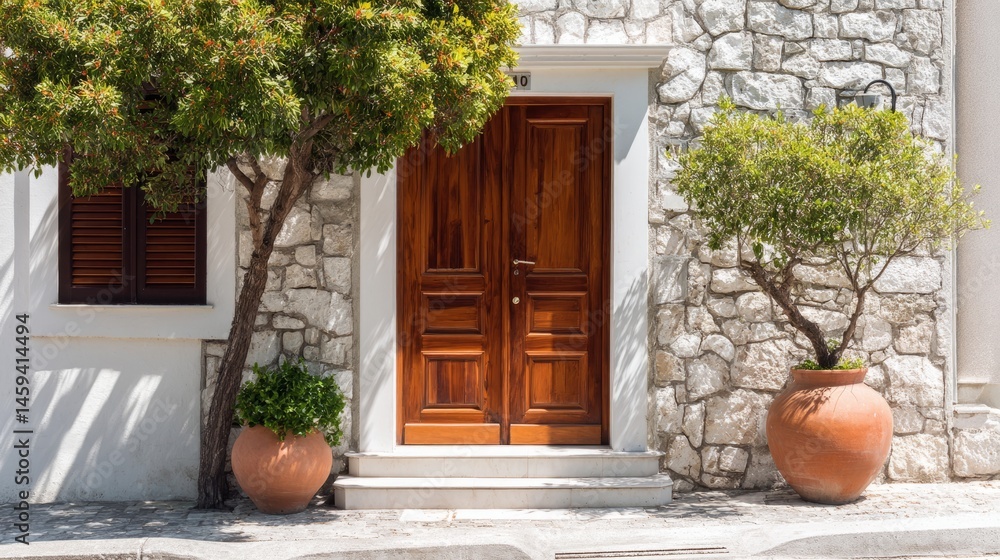 Naklejka premium Elegant modern house entrance with potted plants, showcasing minimalist design and natural harmony. 