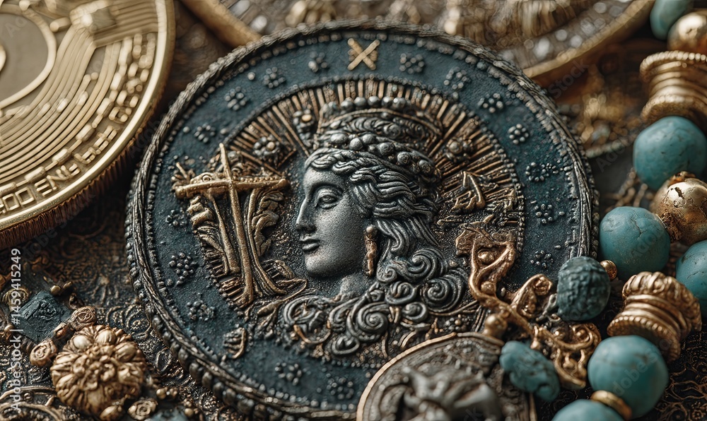 Detailed ancient coins and accessories displayed on textured surface Detailed ancient coins and accessories displayed on textured surface