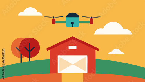 Farm Delivery A drone approaching a barn on a farm with fields of crops in the background ready to deliver agricultural tools and supplies.