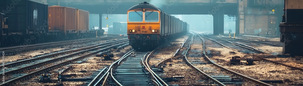 Obraz premium Railroad tracks leading to a cargo train.