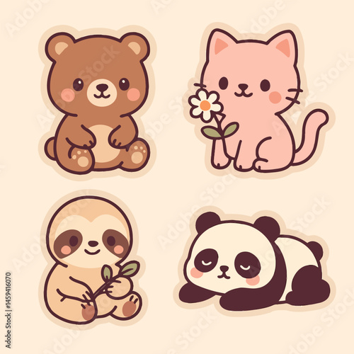 Cute Cartoon Animal Collection Bear Cat Sloth and Panda Characters