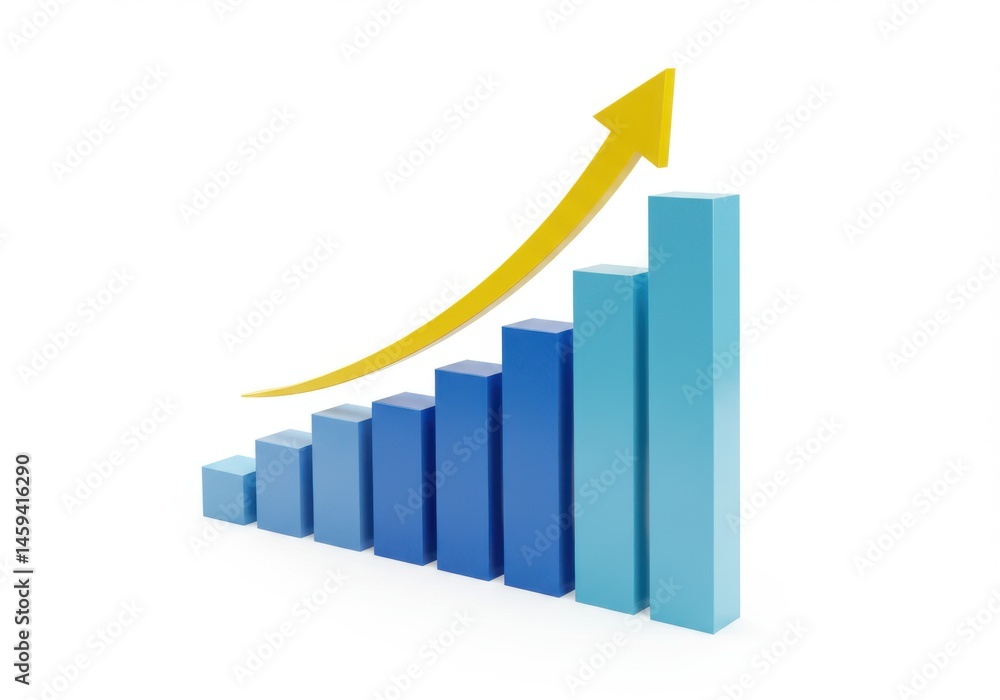 Blue bar chart with yellow arrow rising isolated on white background Blue bar chart with yellow arrow rising isolated on white background