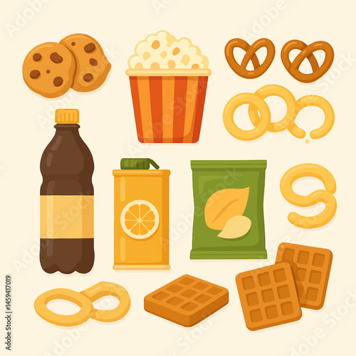 Assorted Snacks and Drinks Flat Lay Arrangement for Food Illustration