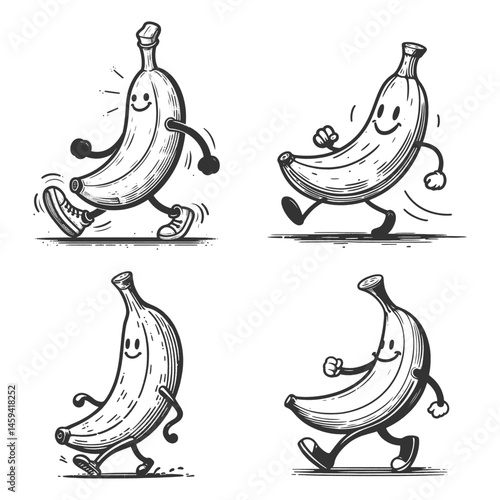 happy bananas with arms and legs, cheerfully walking Set collection bundle sketch engraving generative ai vector illustration. Scratch board imitation. Black and white image.