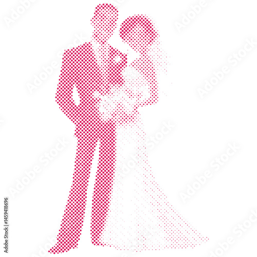A cartoon bride and groom are standing in a wedding in halftone style retro modern