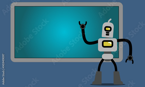 funny cartoon robot with blank sign. gray robot cartoon character vector design with board and monitor background