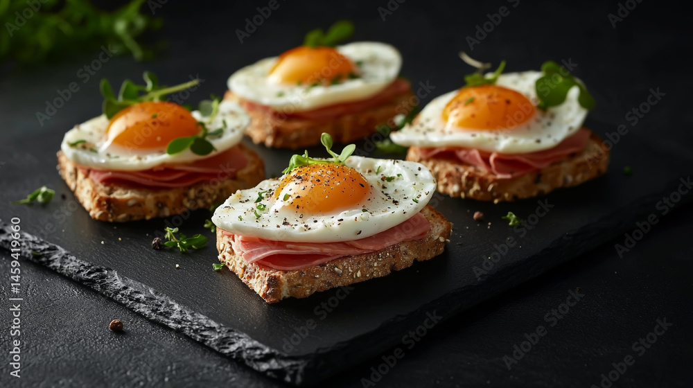 A beautiful food photography of three open-faced sandwiches with eggs, ham, and vegetables on a black slate plate, against a dark background. A beautiful food photography of three open-faced sandwiches with eggs, ham, and vegetables on a black slate plate, against a dark background.