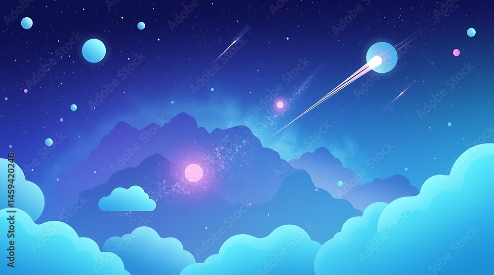 Naklejka premium Modern flat design 3D render of a cosmic galaxy simple two-dimensional shapes, blues, greens, purples, glowing gas clouds, meteor showers, celestial bodies, ethereal dreamy sci-fi ambiance