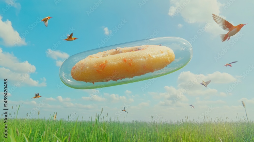 Fototapeta premium Floating donut in capsule, birds in sky over field