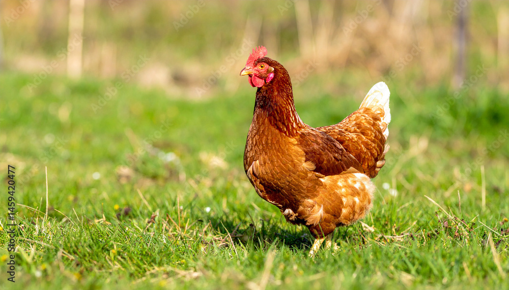 Fototapeta premium happy free range chicken in the meadow