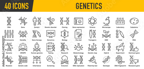 Genetics web icons in line style editable stroke. Chromosome, DNA, experiments, genome, genetic, biology, collection. Vector illustration.