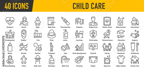 Child care web icons in line style editable stroke. Nurse, healthy eating, sleep, hygiene, crib, toys, infant, collection. Vector illustration.