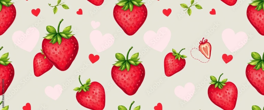 Adorable hand-drawn strawberry & heart seamless pattern Perfect for backgrounds, prints, and designs, summer, background Adorable hand-drawn strawberry & heart seamless pattern Perfect for backgrounds, prints, and designs, summer, background