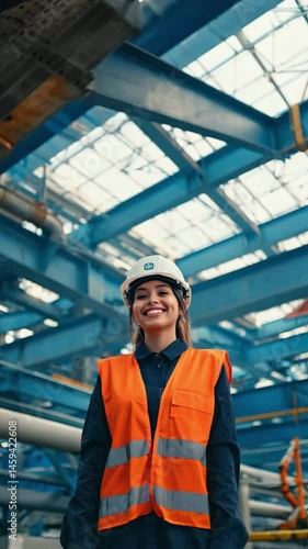 Wallpaper Mural A cheerful caucasian female engineer in hi‑vis vest stands beneath blue steel beams of a vast manufacturing hall in vertical video. Concept of women empowerment and positive industrial leadership Torontodigital.ca