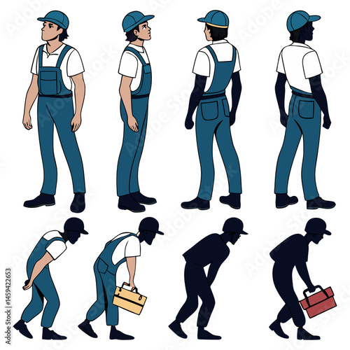 Handyman, repair worker, plumber in uniform. Character constructor for animation. Front, side and back view set. Body parts, 
postures, poses collection. Vector illustration.