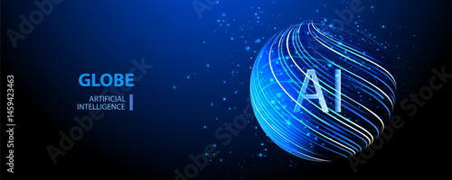 Big data network. Globe Ai background. Round particles lines technology banner. Artificial Intelligence futuristic sphere network connect vector design.