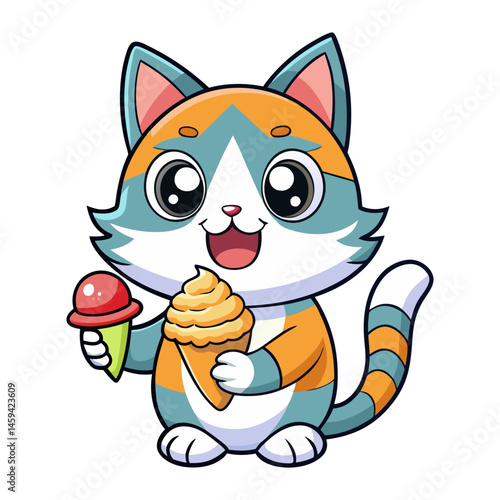 Download Cute Cat Eating Ice Cream Cartoon Vector Icon Illustration Eps File For Design.