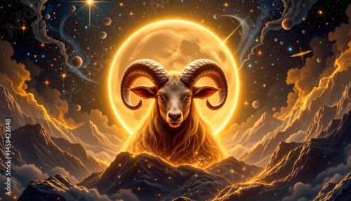 Cosmic Aries: A captivating illustration showcasing the Aries zodiac sign with its iconic ram, radiating celestial energy against a backdrop of stars and a radiant moon.
