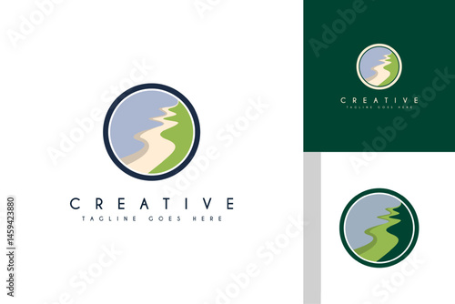 A serene beach logo featuring a white sandy pathway leading to the ocean, symbolizing tranquility, escape, and nature. Perfect for travel, resort, or lifestyle brands with a coastal theme.