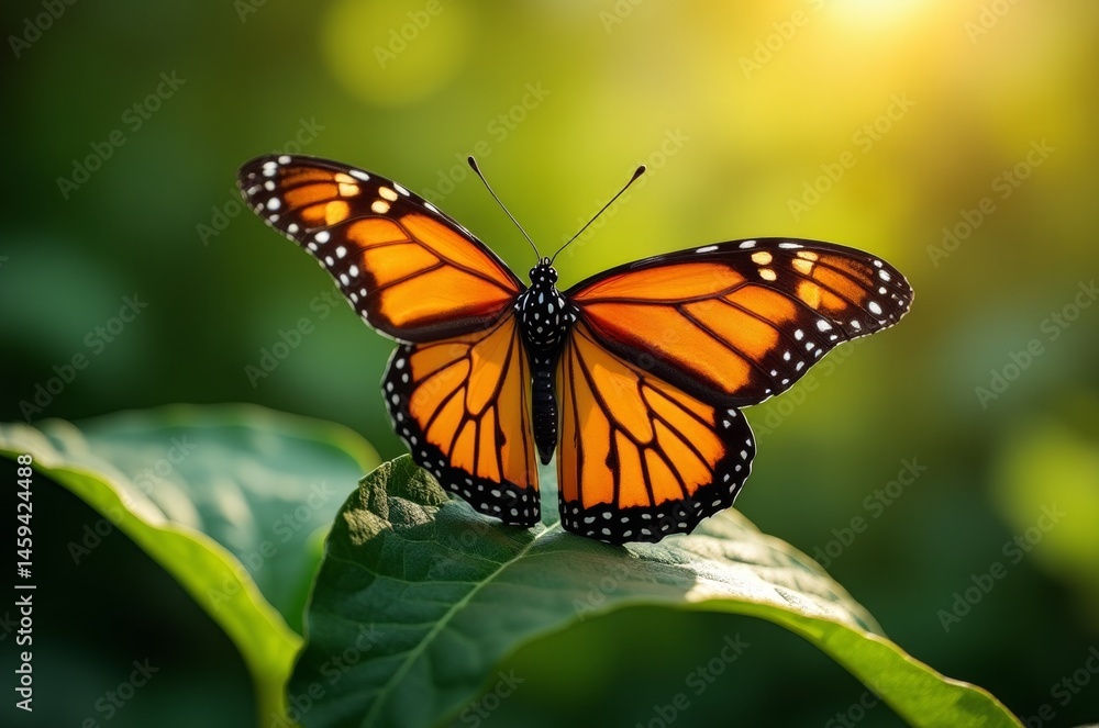 Brightly colored butterfly perched on leafy green plants with blurred background Brightly colored butterfly perched on leafy green plants with blurred background
