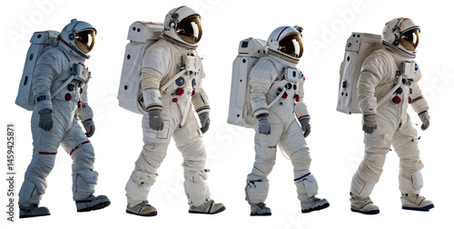 Set of astronauts isolated on a transparent background. Concept of working in space