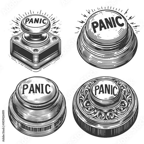 Panic Button Set collection bundle sketch engraving generative ai vector illustration. Scratch board imitation. Black and white image.