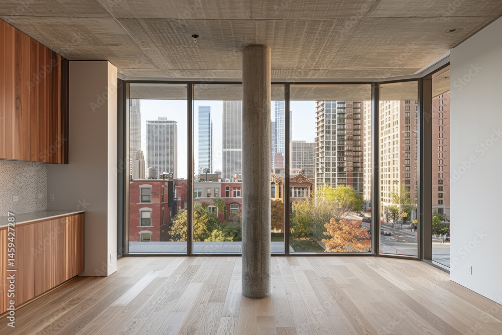 Fototapeta premium Modern interior with large windows showcasing a city view.