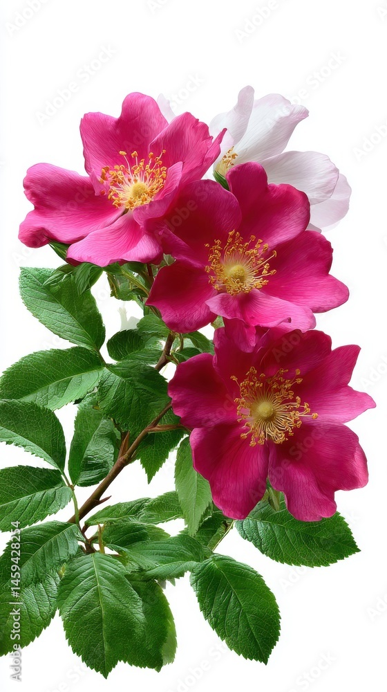 Fototapeta premium Elegant floral arrangement featuring vibrant magenta dog rose flowers and lush green leaves on a clean white backdrop