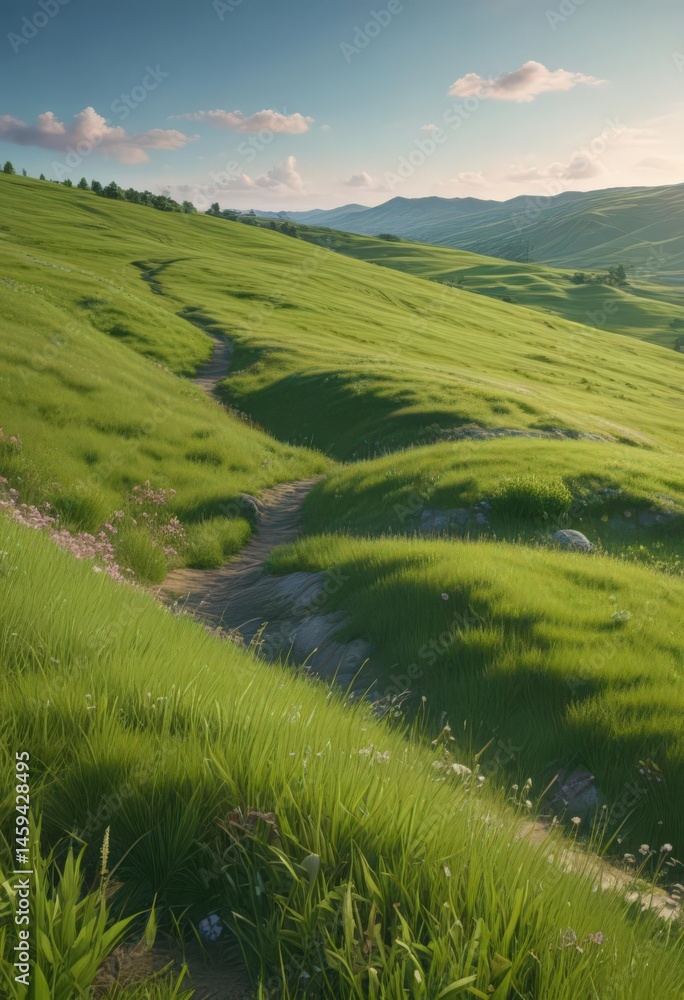Obraz premium Rolling green hill, vibrant spring grass, peaceful landscape , flora, serene, rural