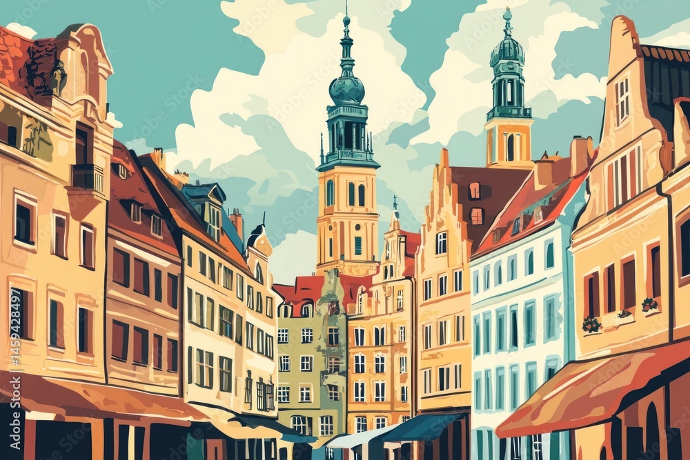 Naklejka premium European architecture travel in retro style illustration buildings european.