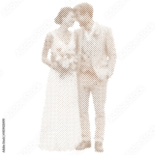 A bride and groom are standing in a wedding in halftone style retro modern