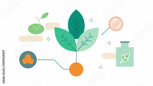 Ingredient Highlight An illustration focusing on an ingredient list with simplified graphics of key natural components like plant extracts alongside exosomes.