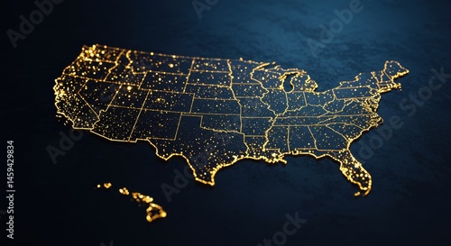 Illuminated Map of the United States - A 3D map of the USA, with golden lights representing cities and states, set against a dark blue background