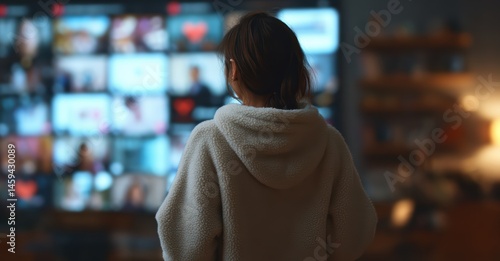 Woman stands in front of large screen displaying various images and videos, creating cozy atmosphere. soft lighting and her relaxed attire evoke sense of comfort and leisure