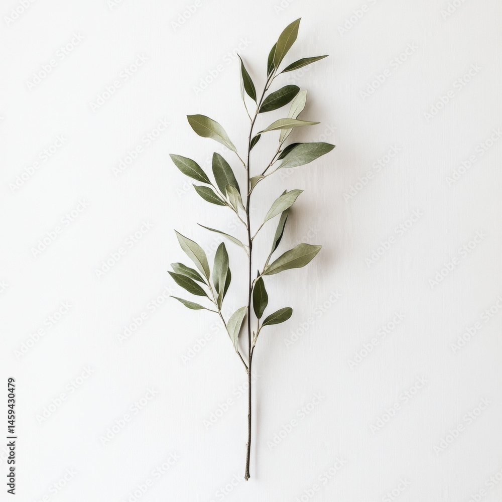 Fototapeta premium Light green branch with leaves against a white background. A simple, elegant arrangement of foliage