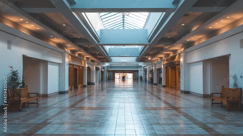 Fototapeta premium Empty shopping mall corridor with modern design, bathed in soft natural light. Minimalist urban space evoking tranquility and solitude. 